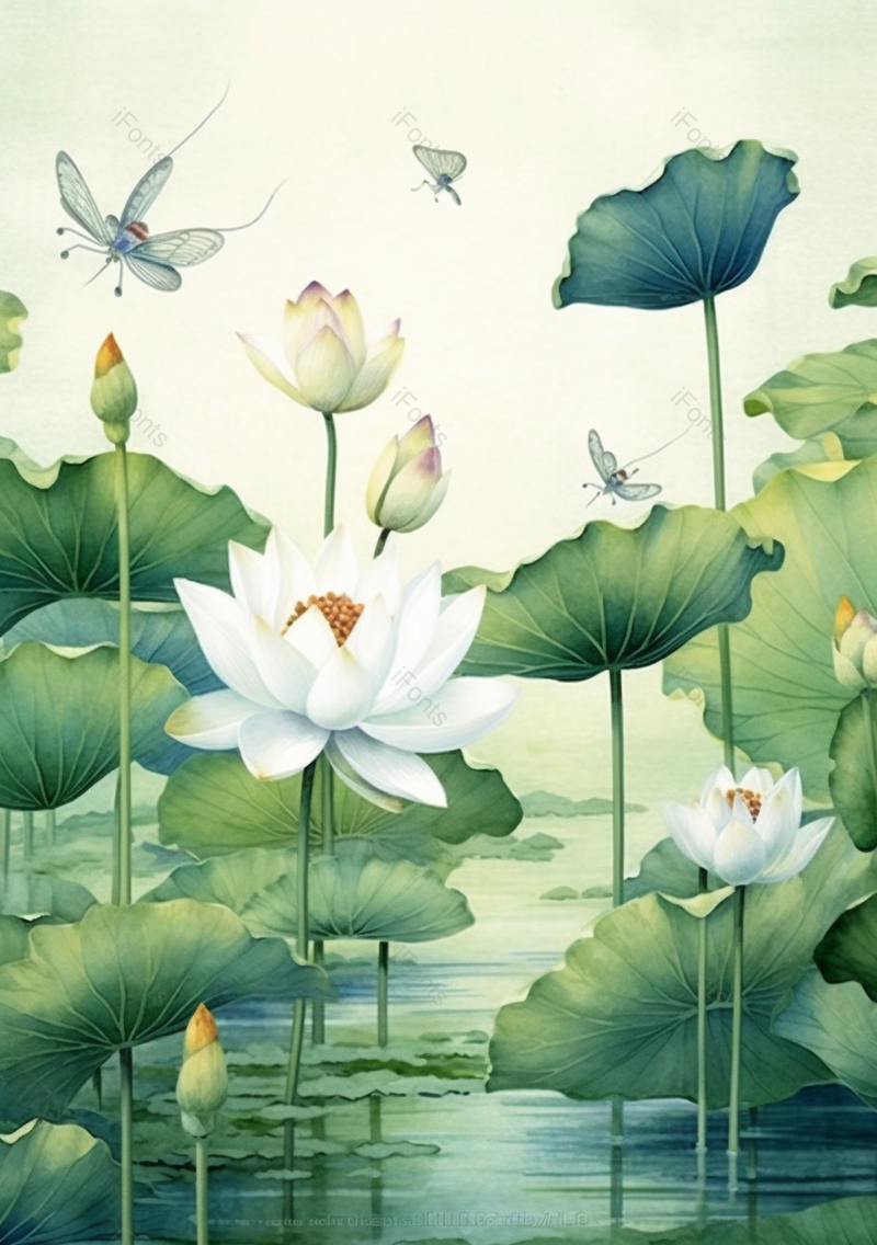 绿色自然古典池塘荷叶荷花胡蝶插画,插画/手绘图,插画/手绘图库,插画/手绘图下载,插画/手绘